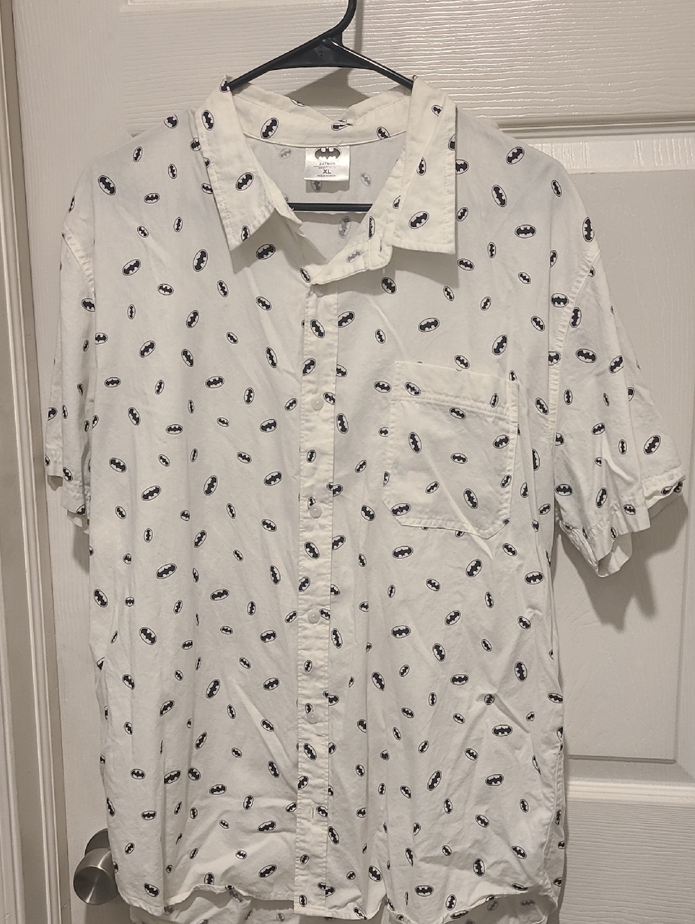 Batman White Short-Sleeve Button-Down Shirt with Black Logo Print